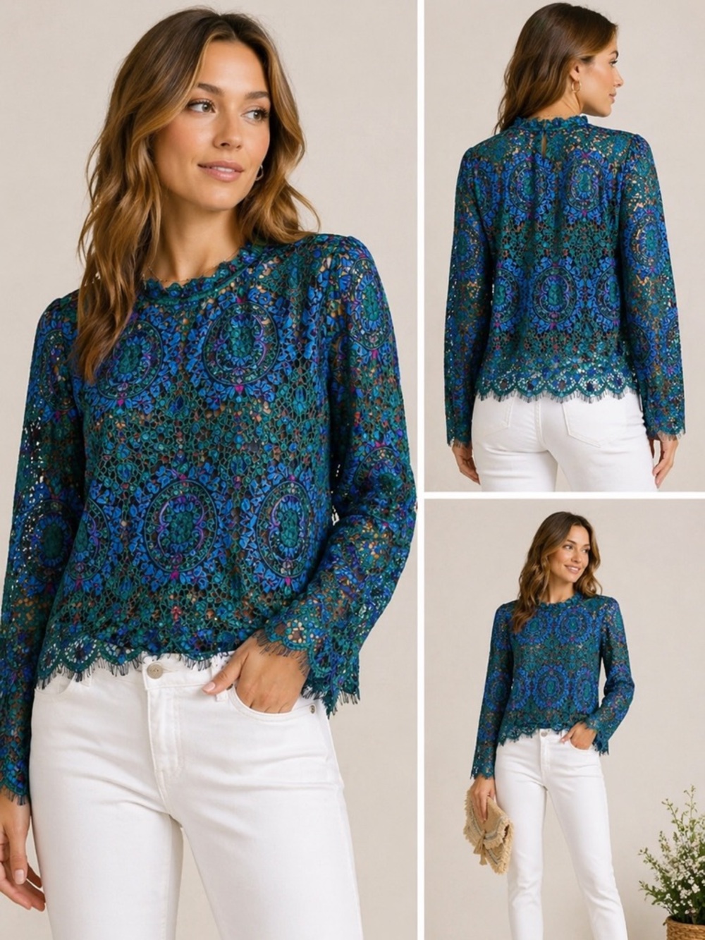 The Korner Multicolor Lace Long Sleeve Blouse Size S